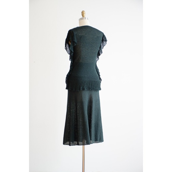 70s 80s vtg dark green ruffled sleeveless sweater skirt 2 piece set - Picture 9 of 10